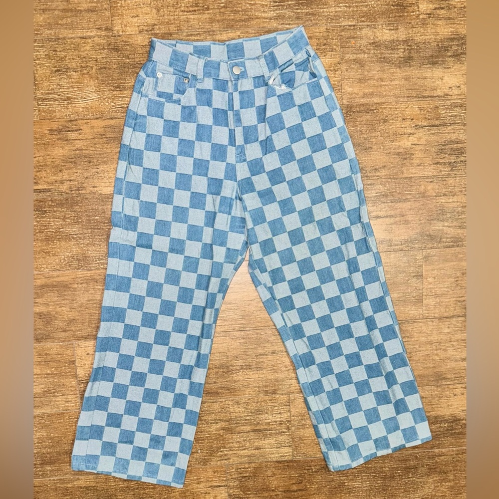 Stylish Blue Checkered Cropped Jeans